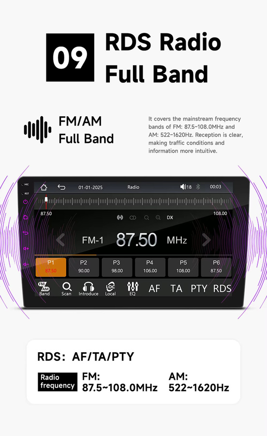 BQCC 2Din Auto Multimedia Player mit 9/10 Zoll HD Display, kabelloses CarPlay und Android Auto, WiFi und Bluetooth, Schwarz - Bild 1