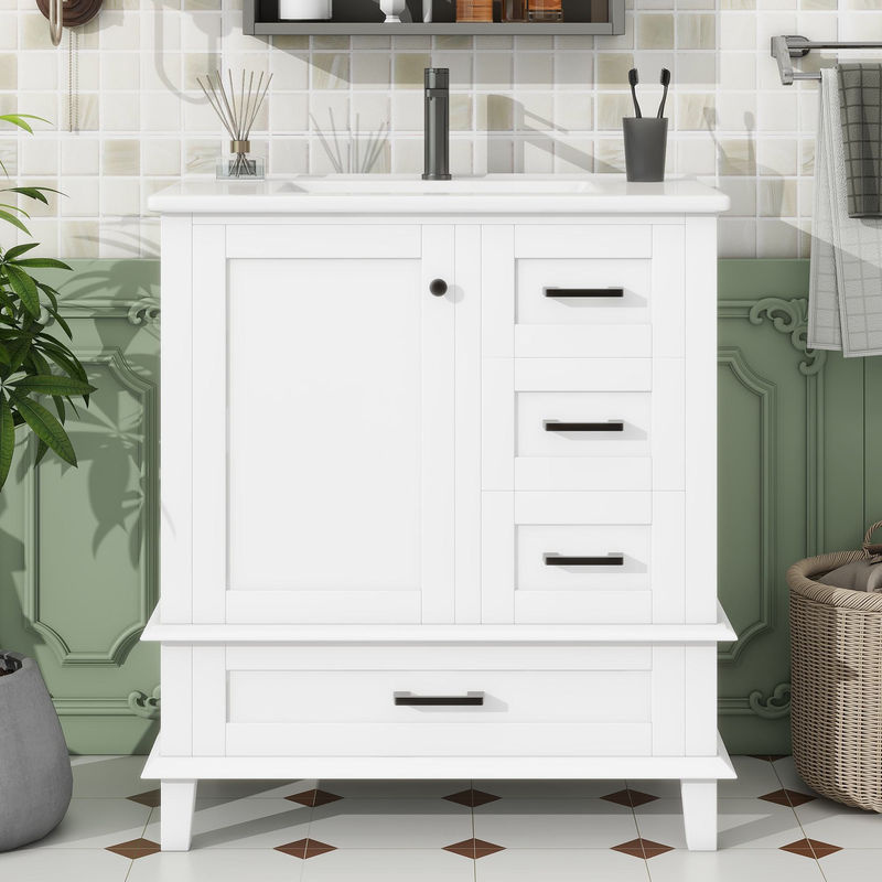 NK Space Badezimmerschrank mit Waschbecken aus Keramik und Massivholz in Weiß, B/T/H: 76 x 46 x 83,5 cm - Bild 2