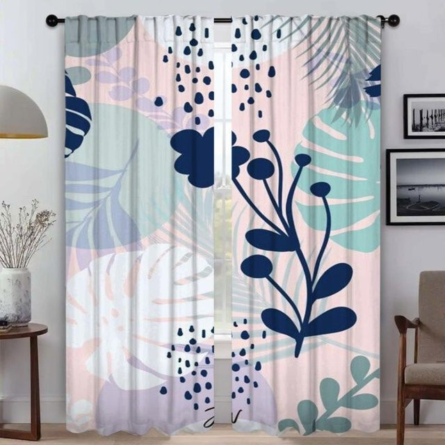 2er-Set Elegante Küchenvorhänge mit Blumen- und Blattmuster aus Tüll, halbtransparent, Mehrfarbig, Breite: 60 cm, Höhe: 90 cm - Bild 1