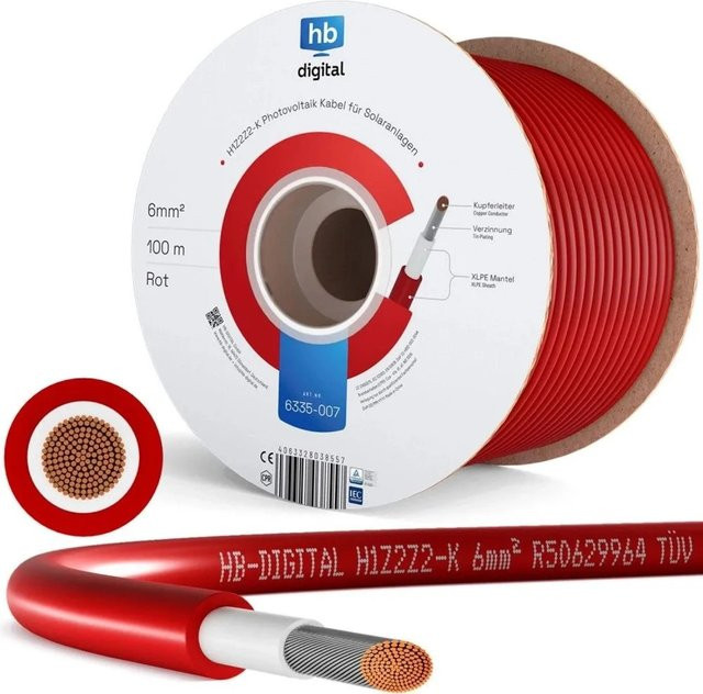 hb-digital Solarkabel 6 mm² H1Z2Z2-K Photovoltaik Kabel für PV Anlagen, Farbe: Rot, 100m - Bild 1