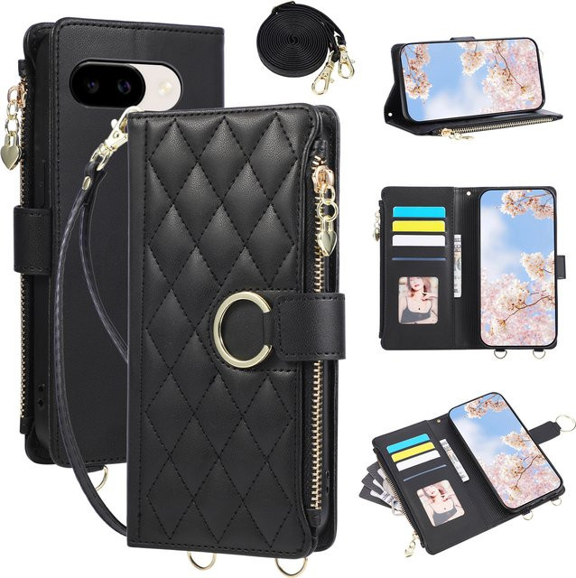 KELAPA Crossbody-Brieftaschenhülle für Google Pixel 7 8 9 10 Pro XL 7A 8A 9A als Flip-Lederhülle mit Kartenfächern und Standfunktion in Schwarz oder Lila - Bild 1