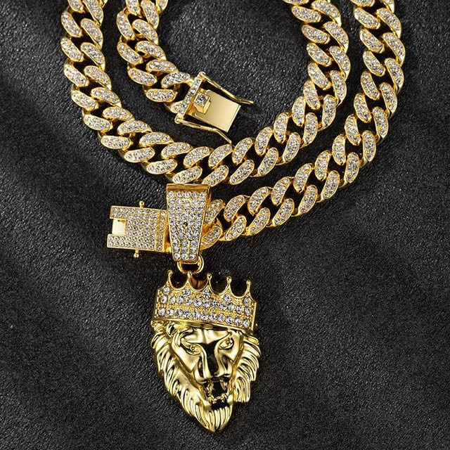 FashionFlair Halskette Herren, kubanische Kette, Löwenkopf-Krone-Anhänger, Zinklegierung, Gold, Zirkonia - Bild 1
