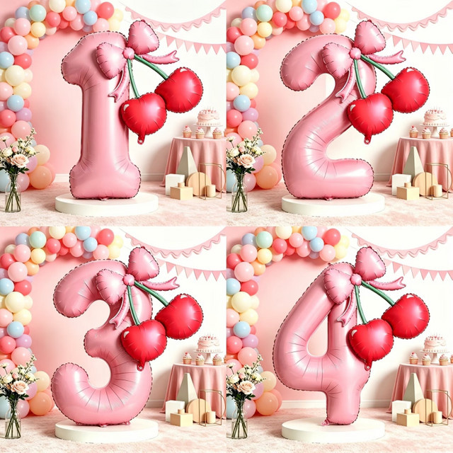 Kirsche & Schleife Ballon-Set in Rosa mit Zahlenballons und Buchstaben für Geburtstag, Hochzeit und Party-Dekoration - Bild 1
