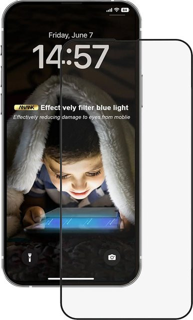 Anank Anti Blue Light Schutzfolie aus gehärtetem Glas für Apple iPhone 14 Pro, Schwarz, Full Glue, 2.5D - Bild 1
