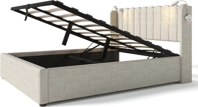 okwish Polsterbett Beige mit Stauraum, Leselicht und USB-Anschluss, B/T/H: 140 x 200 x 40,43 cm - Bild 1