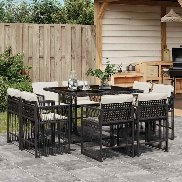 vidaXL 9-tlg Garten-Essgruppe aus PE-Rattan mit Kissen und Hartglas, Schwarz - Bild 3