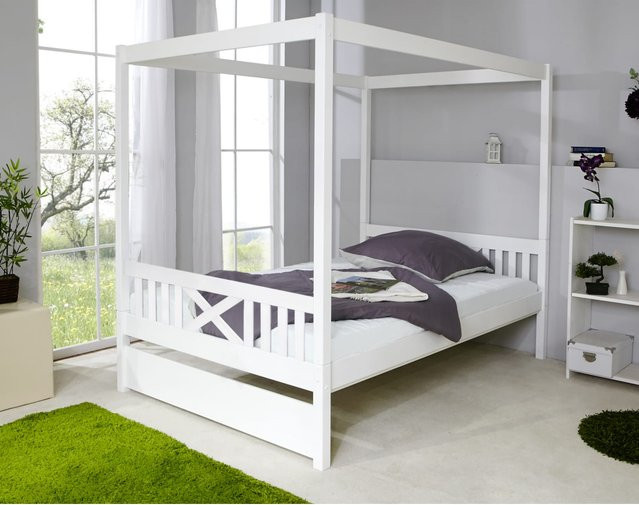 TiCAA Himmelbett Lino aus Kiefer Massivholz in Weiß, B/T: 140 x 200 cm - Bild 1