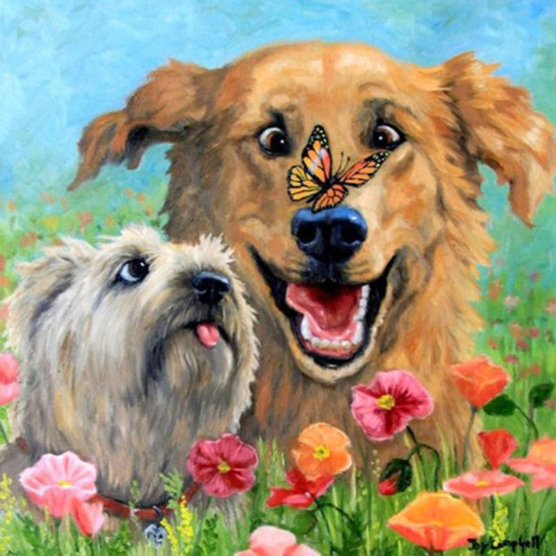 FIYO Diamond Painting Set Hunde und Blumen Motiv 5D DIY Stickset mit Strass Steinen, mehrfarbig, B/B/H: 30 x 30 cm - Bild 1