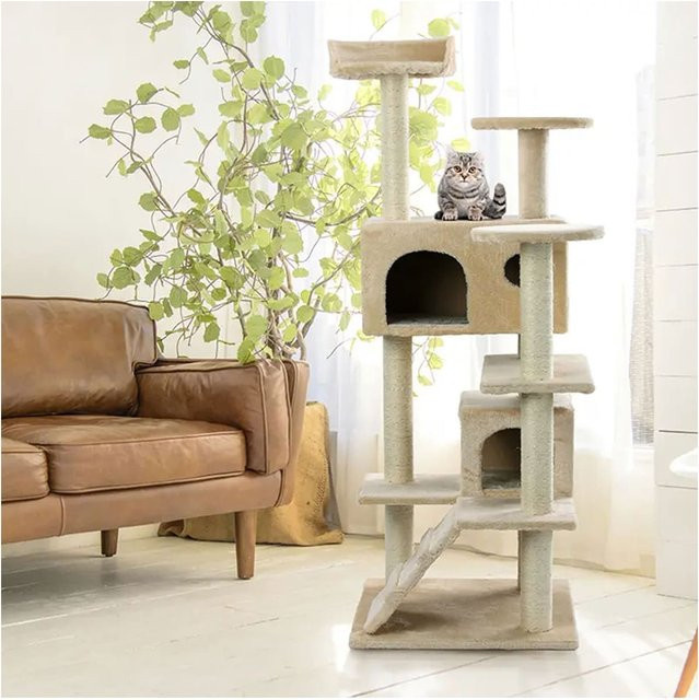 NYVI Katzen Kratzbaum Sammy Beige, 132 cm Höhe, Deluxe Katzenbaum mit 2 Katzenhöhlen, 3 Plattformen und Sisal Kratzsäule - Bild 1