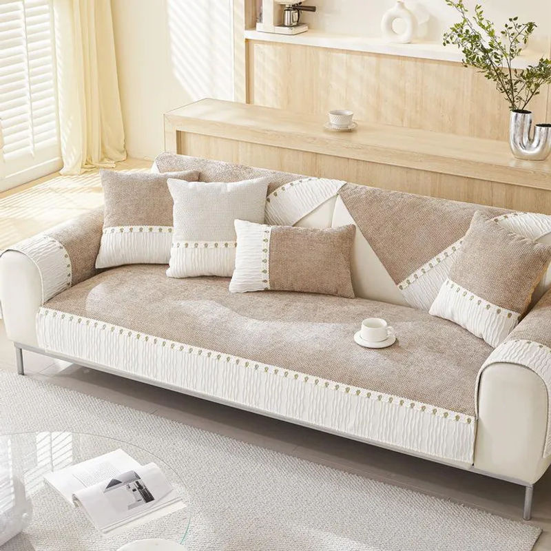 Sofakissenbezug aus französischem Chenille von Super Six in Beige, L-förmiges Spleißmuster, 70 x 70 cm - Bild 2