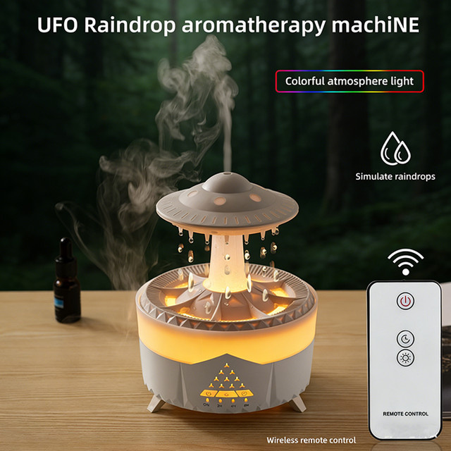 JFBONIN UFO Regentropfen-Luftbefeuchter mit Aromatherapie und USB-Anschluss, Weiß - Bild 1
