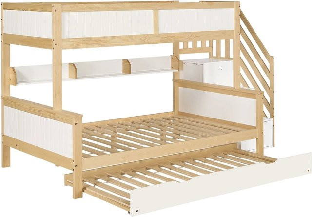 KOMHTOM Etagenbett für Kinder mit Rollbett, Kleiderschrank und Ecktreppe, Farbe Weiß und Natur - Bild 1