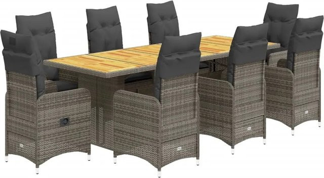 vidaXL 9-tlg Garten-Bistro-Set aus Poly Rattan und Akazienholz in Grau mit Kissen Modell 8 - Bild 1