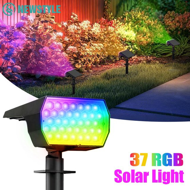 Solar RGB LED Außenstrahler mit 37 LEDs und Dämmerungssensor, IP65 wasserdichte Gartenbeleuchtung in Schwarz, Multicolor Farbwechsel für Garten, Hof und Terrasse - Bild 1