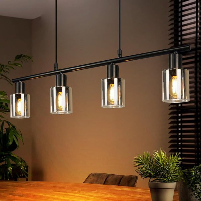 4-flammige Vintage Pendelleuchte im Industrial Design aus Glas und Metall, Schwarz, E14, für Esszimmer und Küche - Bild 1