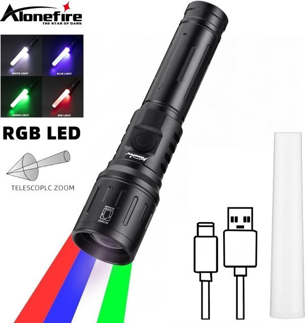Alonefire LED-Taschenlampe mit Zoom-Funktion, USB wiederaufladbar, RGB-Farben Weiß/Rot/Grün/Blau, Schwarz - Bild 1