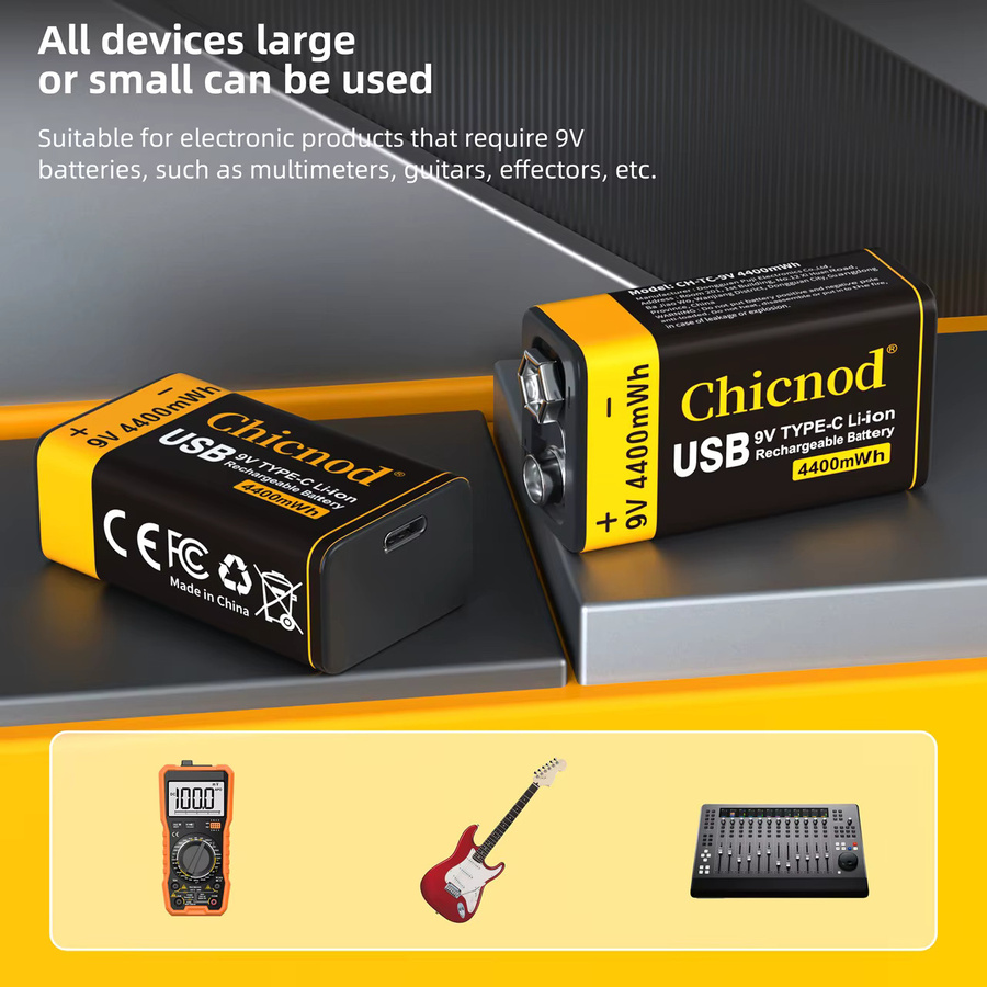 CHICNOD 9V Li-Ionen Akku mit USB Typ C, 4400mWh wiederaufladbare Batterie für Gitarrenpedale und Multimeter - Bild 5
