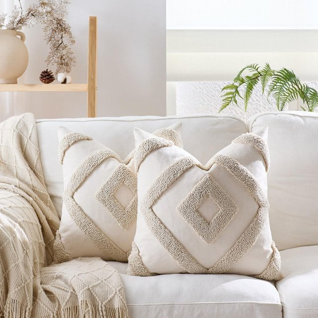 JMG Clothing Boho Kissenbezug mit geometrischem Muster und Textur, Beige, B/B: 45 x 45 cm - Bild 1