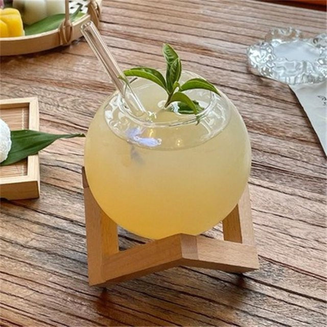 Bestbags Cocktailglas Mondball aus Glas mit Holzständer und Strohhalm, transparent und beige, 475 ml - Bild 1