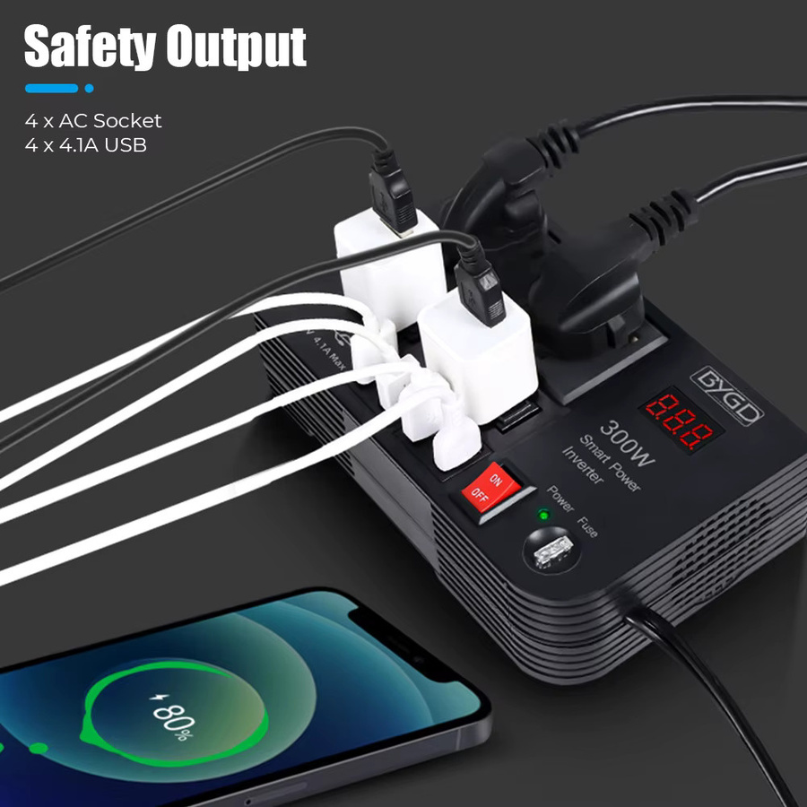 Auto-Wechselrichter 300 W mit 4 AC-Steckdosen und 4 USB-Anschlüssen, DC 12 V zu AC 220 V Konverter mit Überlastschutz und EIN/AUS-Schalter, Schwarz - Bild 5
