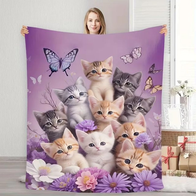 VIKAMA Haustierdecke Lila mit Schmetterlings- und Katzenmuster, maschinenwaschbarer Kissenbezug für deine Heimdekoration - Bild 1
