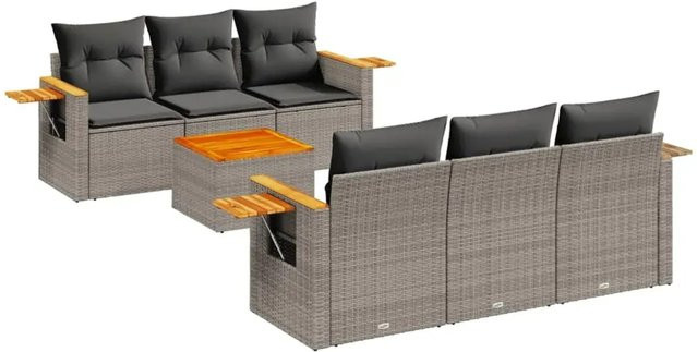 vidaXL 7-teilige Garten-Sofagarnitur aus Poly Rattan in Grau mit Kissen und Tisch - Bild 1