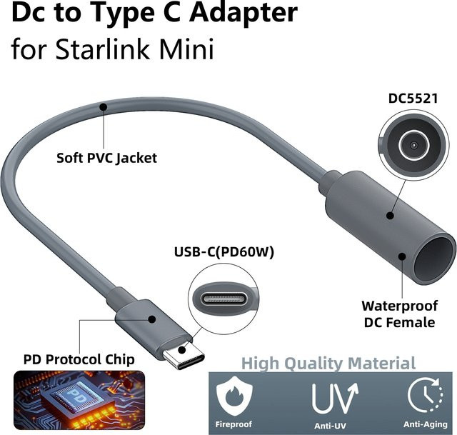Sovunis Starlink Mini DC zu Typ C Adapter, wasserdichter 65 W Stromkonverter mit PD-Quelle, Länge: 22 cm - Bild 1