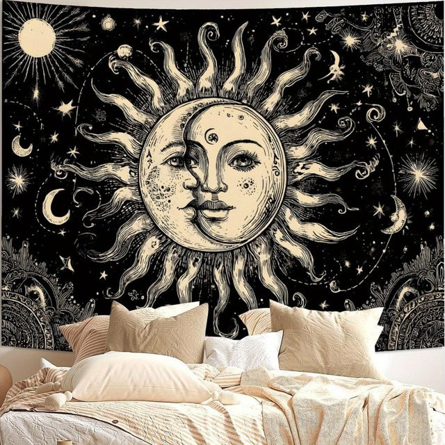 VIKAMA Mandala Wandteppich mit Sonne und Mond in Multicolour, Retro Wanddekoration aus Textil, B/H: 60 x 40 cm - Bild 1
