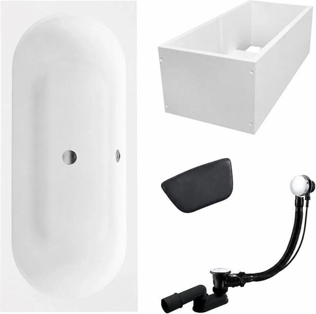 KOLMAN Badewanne Rechteck aus Acryl in Weiß mit Wannenträger, Kopfstütze, Ablauf und Füßen B: 150 cm, T: 75 cm - Bild 1