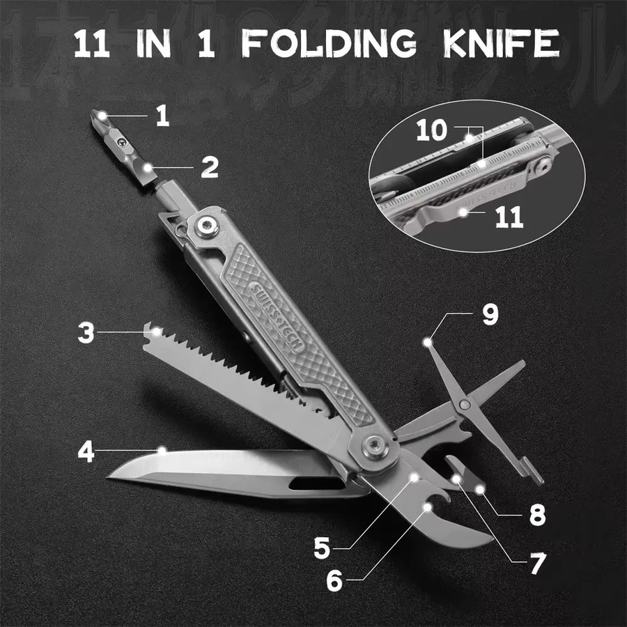 SWISS TECH 11-in-1 Mini-Multitool-Klappmesser aus Edelstahl in Silber für Outdoor und Camping - Bild 3