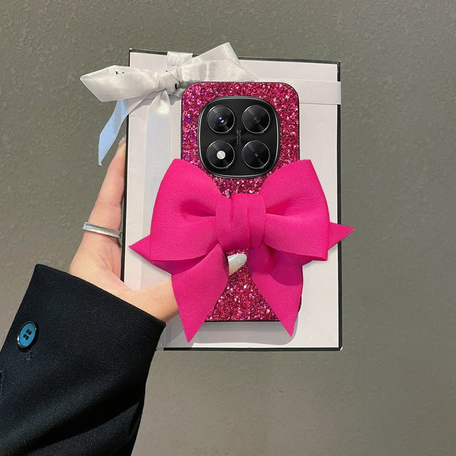 Xiaomi Redmi Note 14 15 4G 5G Pro Handyhülle aus Leder mit Stoff-Schleife und Glitzer in Rosenrot - Bild 1
