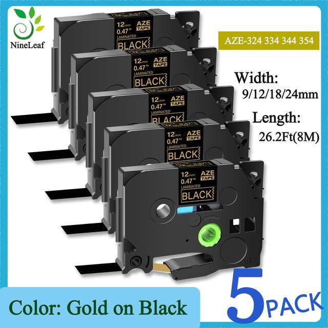 5er Pack Etikettenband laminiert kompatibel mit Brother TZe-334, Gold auf Schwarz, für P-touch PT-1000 PT-H101C, Breiten: 9 mm, 12 mm, 18 mm, 24 mm - Bild 1
