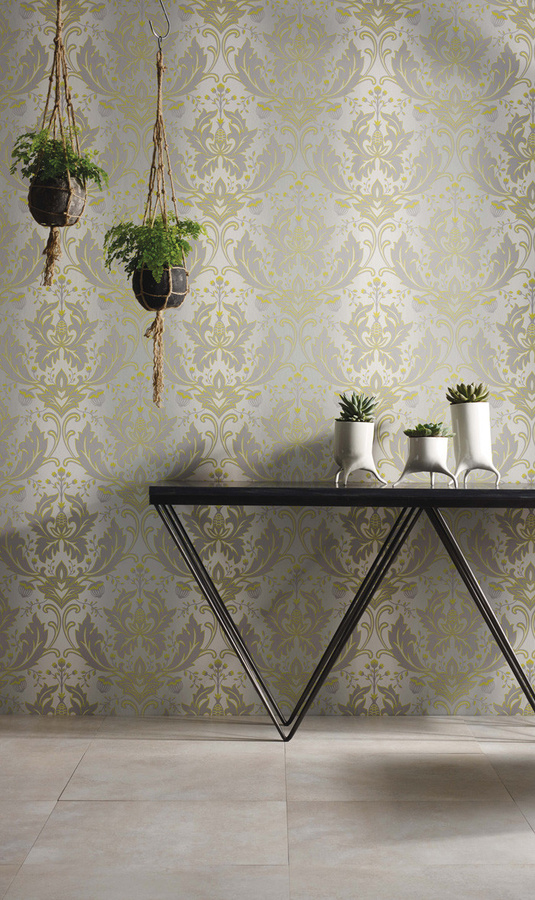 Damasttapete Viceroy von Osborne & Little in Lime/Grey mit floralem Design und modernem Abstract-Muster - Bild 1