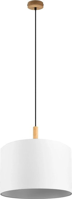 Trio Pendelleuchte Korba mit Stoffschirm in Weiß und holzfarbenem Design, E27 - Bild 1