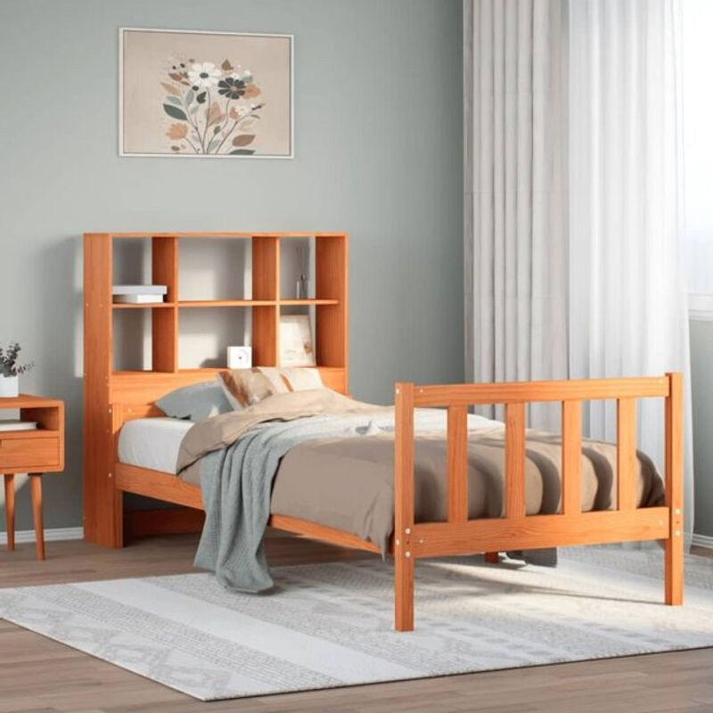 Massivholzbett aus Kiefer mit Regal in Braun von Vidaxl, B/T/H: 75 x 190 cm - Bild 1