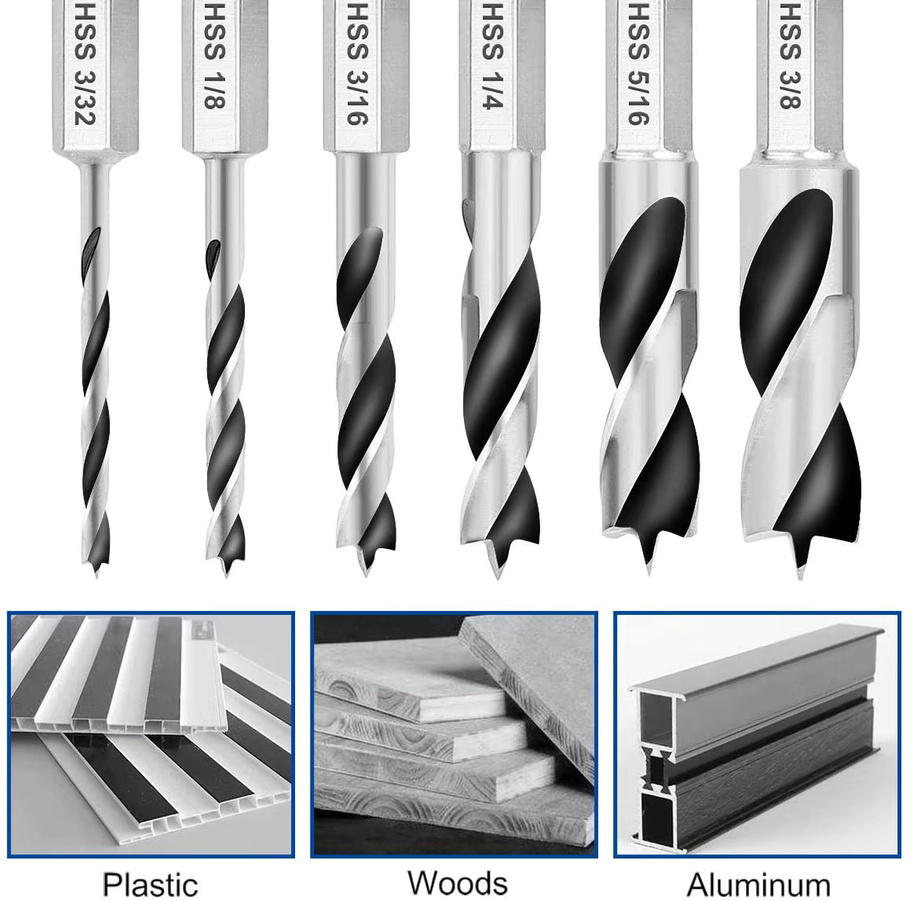 Binoax 6-teiliges HSS SAE Brad Dreipunkt-Stubby-Bohrer-Set für Holz mit 1/4-Zoll-Schnellwechsel-Sechskantschaft in Silber - Bild 2