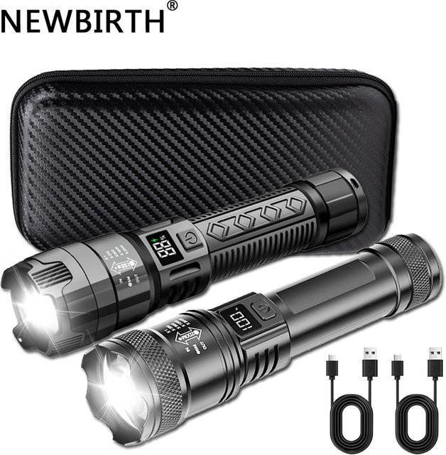 NEWBIRTH Taktische LED-Taschenlampe in Schwarz, wiederaufladbar mit 1000 lm, Zoom und Typ-C-Anschluss für Outdoor und Notfälle - Bild 1