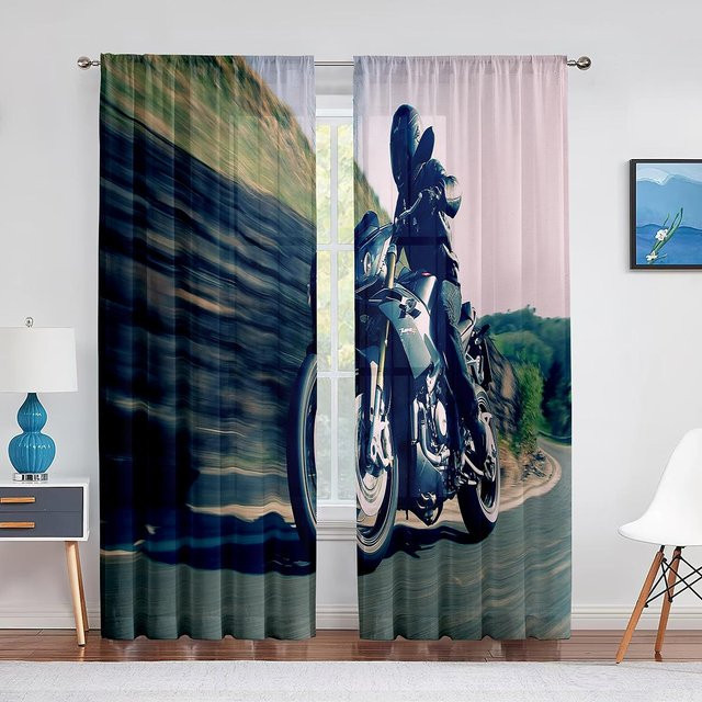 2er-Set Dirtbike Motocross Vorhänge von Yiran Furniture, halbtransparentes Polyester mit Grafikdesign, Mehrfarbig, Breite: 50 cm, Höhe: 130 cm - Bild 1