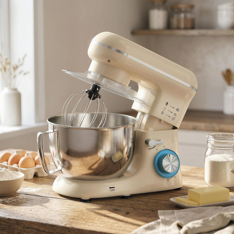 HOMCOM Küchenmaschine Knetmaschine in Beige mit 4,5 l Edelstahlschüssel, 1300 W Leistung und 6+ Geschwindigkeitsstufen inklusive Knethaken, Schneebesen, Rührer, Teigschaber, Eiertrenner und Spritzschutz - Bild 2
