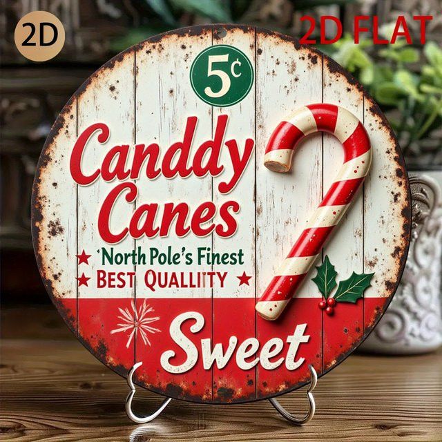 Vintage Candy Cane Metall-Wandkunst von Potdemiel – Kreisförmiges Blechschild mit rot-weißen Streifen und Holly-Akzenten für Weihnachten, Durchmesser: 20 cm - Bild 1