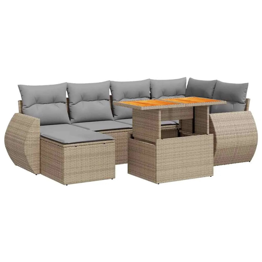 vidaXL 7-teilige Garten-Sofagarnitur in L-Form aus Poly-Rattan und Akazienholz mit Kissen in Beige-grau - Bild 2