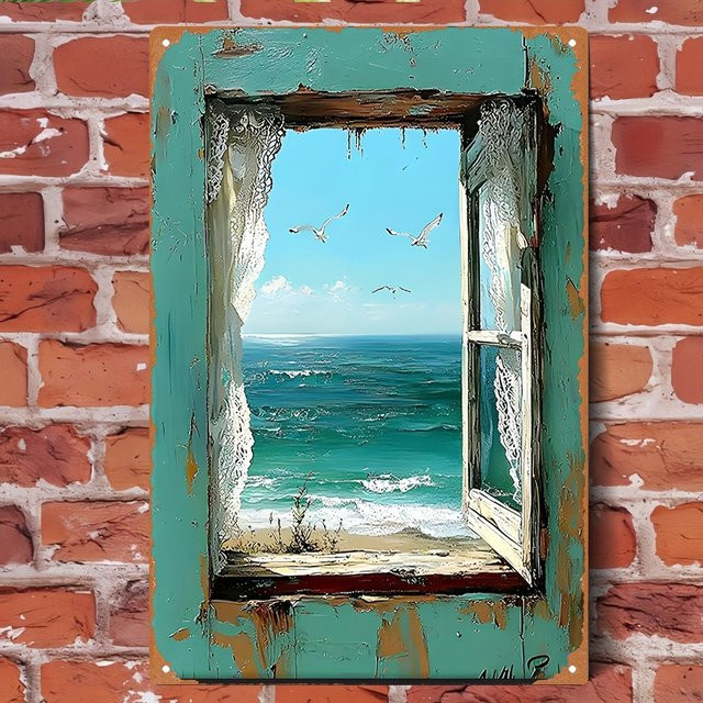 Vintage Metallschild CIFBUY Gebrochenes Fenster mit Möwen am Meer Retro Blechbild Wandkunst B: 30 cm, H: 20 cm, T: 1 cm, Mehrfarbig - Bild 1