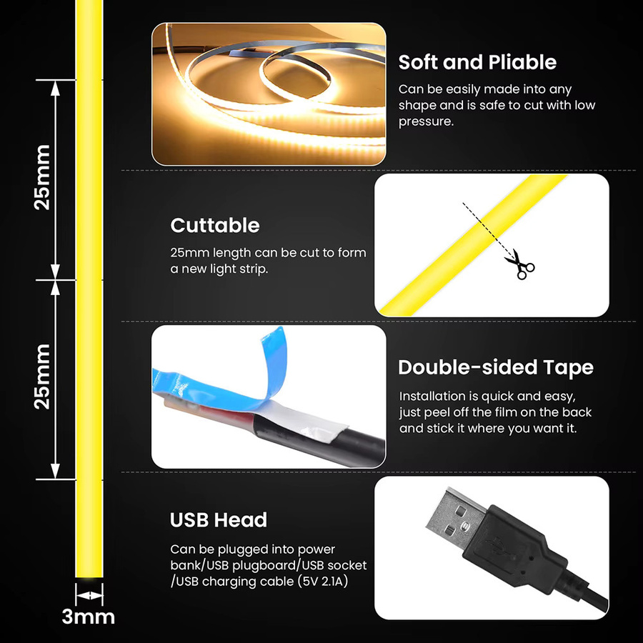 XUNATA COB LED-Streifen Rot, 5V USB, dimmbar mit Fernbedienung, 320 LEDs, flexibles PCB Bandlicht - Bild 5