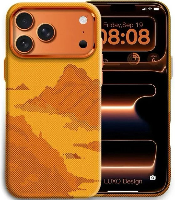 Magnetische Handyhülle mit Kohlefaser-Muster und Metall-Linsenrahmen für iPhone 17 Pro Max und iPhone 17 Pro in Orange - Bild 1