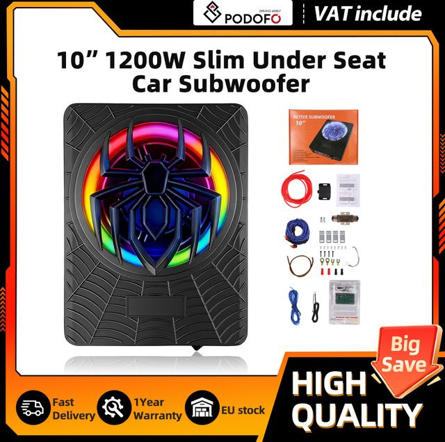 Podofo 10 Zoll Auto-Subwoofer mit 1200W integriertem Verstärker und LED-Ambientebeleuchtung in Schwarz und Multicolour - Bild 1