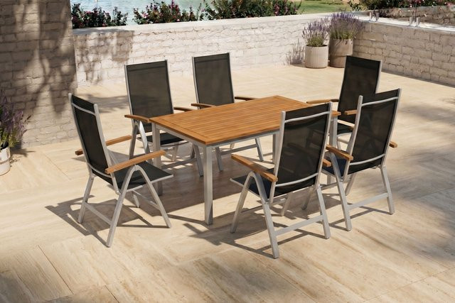 Villana Garten-Essgruppe für 6 Personen aus Aluminium und Eukalyptus-Holz in Silber/Natural, witterungsbeständig und FSC-zertifiziert, B/T/H: 150 x 90 x 74 cm - Bild 1
