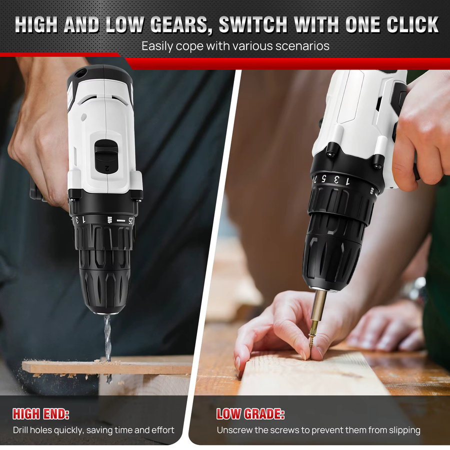 21V Akku-Bohrschrauber-Set in Weiß mit 2 Lithium-Batterien, 30 Zubehörteilen, 25+1 Drehmomentstufen, 2 Geschwindigkeitsstufen und LED-Licht - Bild 5