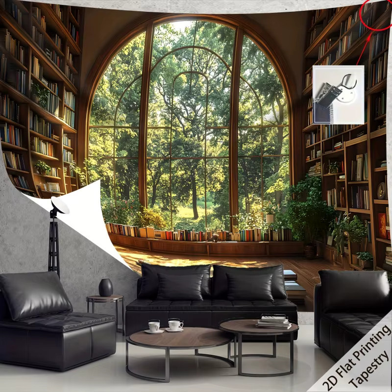 VIKAMA Retro-Wandteppich mit Fensterblick auf eine Bibliothek aus der Waldkollektion, Mehrfarbig, Textil - Bild 4
