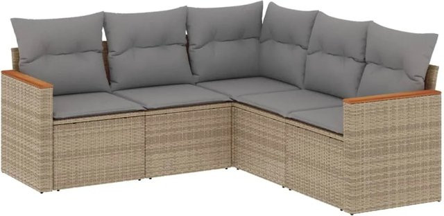 vidaXL 5-teilige Garten-Sofagarnitur in L-Form aus Poly-Rattan mit Kissen, Beige - Bild 1