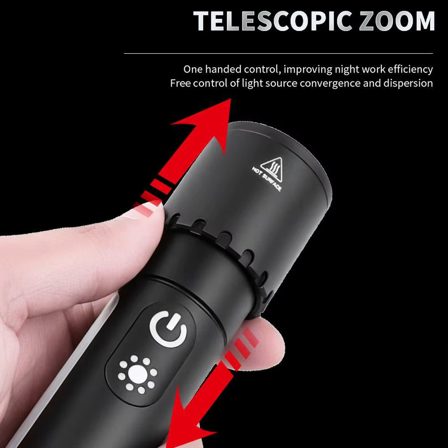 Multifunktionale Taschenlampe in Schwarz mit Zoom-Funktion, Magnethaken und Seitenlichtern - Bild 2